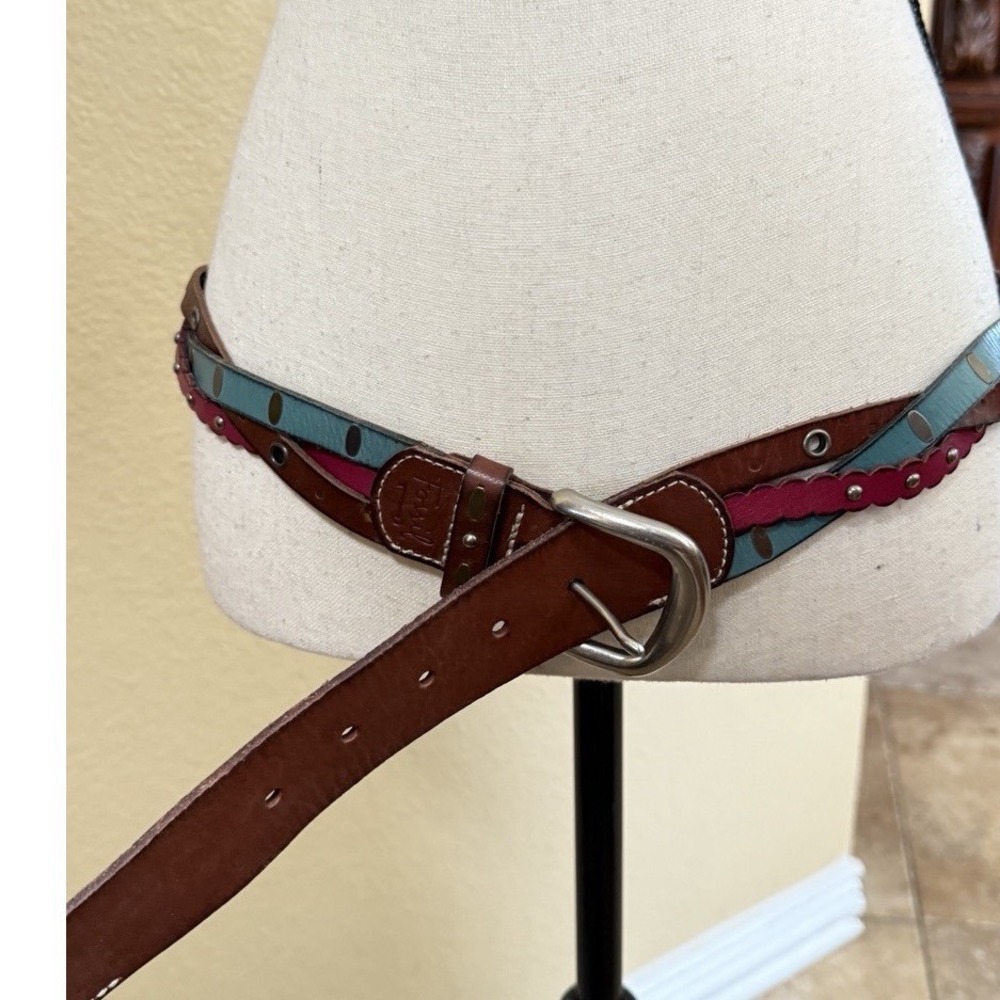 Fossil Womens Leather Belt Brown Turquoise Pink Studded Western Boho Y2K